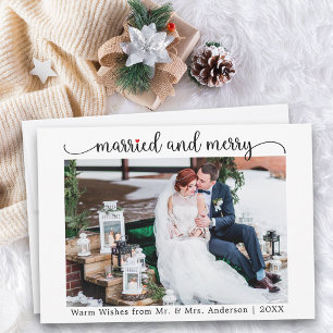 Calligraphy Red Heart Married and Merry Photo Holiday Card