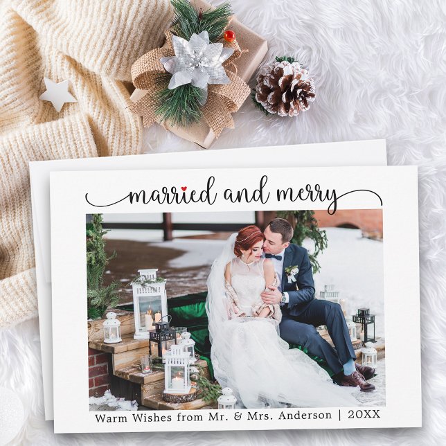 Calligraphy Red Heart Married and Merry Photo Holiday Card (Customize to change your personalized text size or text style.)