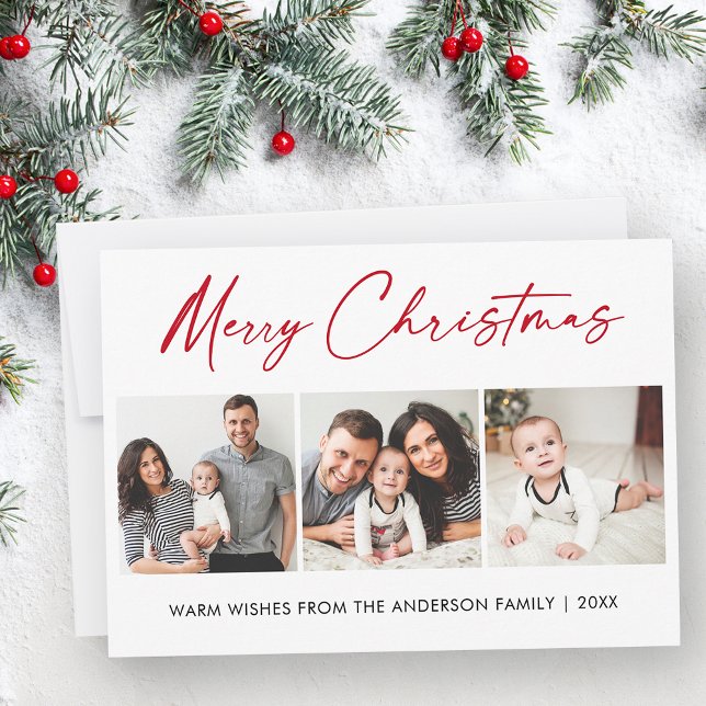 Calligraphy Red Ink Script 3 Photo Christmas Holiday Card (Customize to change your personalized text size or style.)