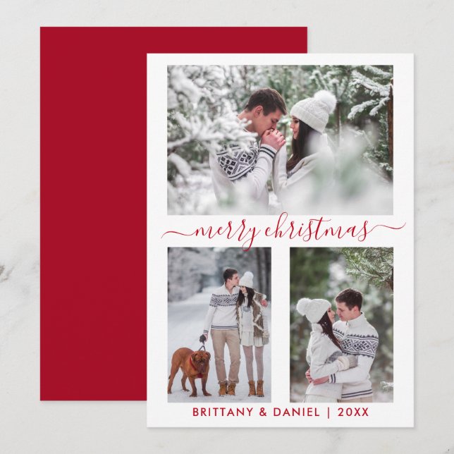 Calligraphy Red Merry Christmas Couple 3 Photo Holiday Card (Front/Back)