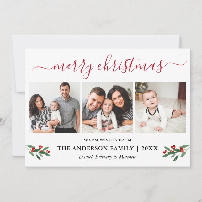 Calligraphy Red Merry Christmas Holly 3 Photo Holiday Card (Front)