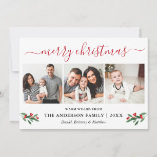 Calligraphy Red Merry Christmas Holly 3 Photo Holiday Card