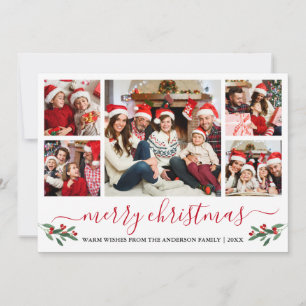 Calligraphy Red Merry Christmas Holly 5 Photo Holiday Card