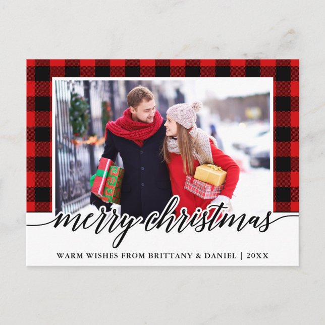 Calligraphy Red Plaid Couple Photo Christmas Postcard (Front)