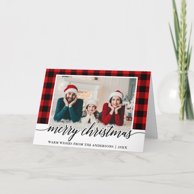 Calligraphy Red Plaid Family Photo Christmas Fold Holiday Card (Front)