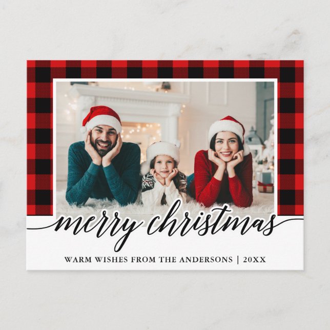 Calligraphy Red Plaid Family Photo Christmas Postcard (Front)
