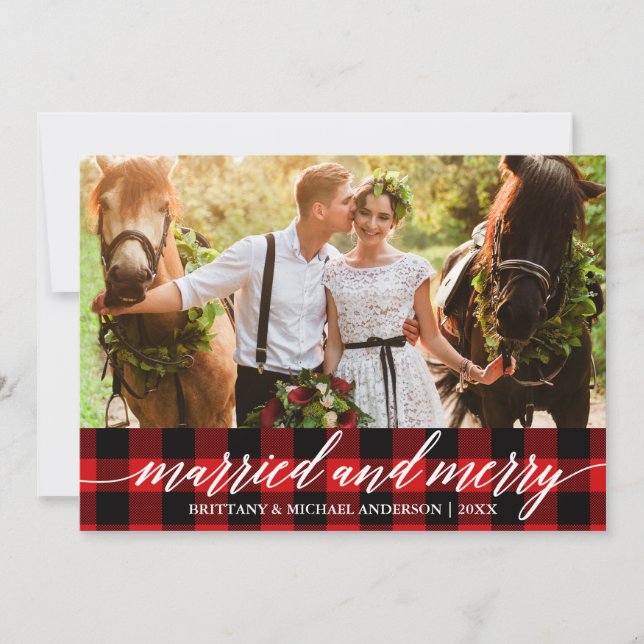 Calligraphy Red Plaid Married and Merry Wedding Holiday Card (Front)