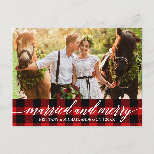Calligraphy Red Plaid Married and Merry Wedding Postcard (Front)