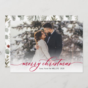 Calligraphy Red Script Foliage Photo Christmas Holiday Card