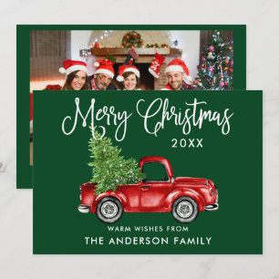 Calligraphy Red Truck Christmas Photo Back Green Holiday Card
