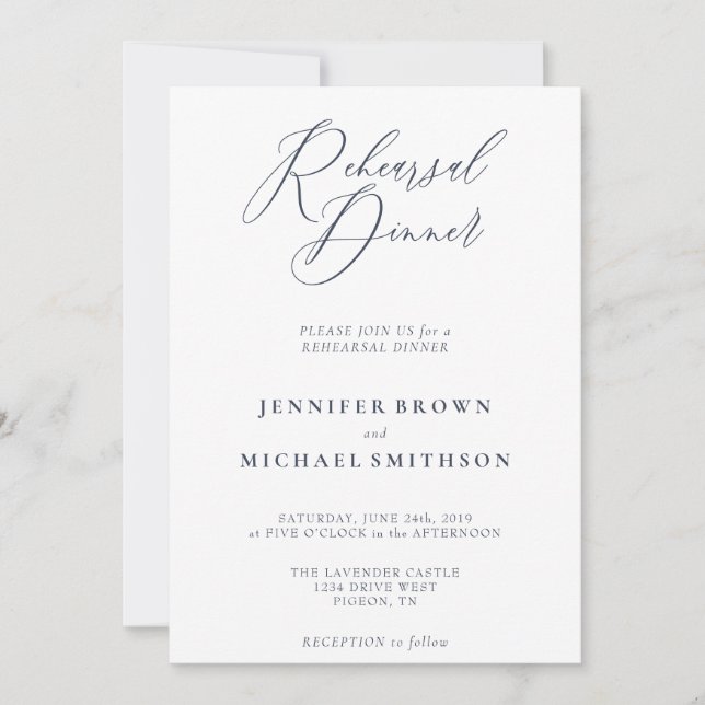 Calligraphy Rehearsal Dinner Navy Simple Invitation (Front)