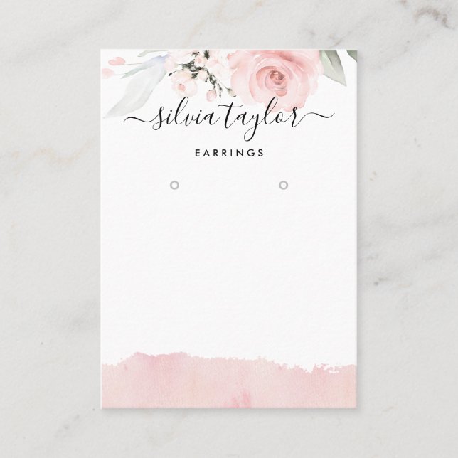 Calligraphy Rose Gold Floral Earring display logo Business Card (Front)