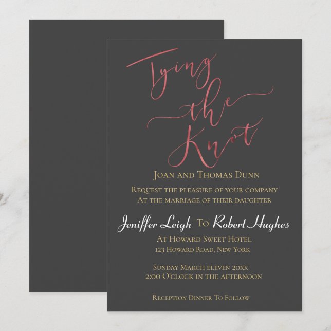 Calligraphy Rose Gold Tying the Knot Foil Wedding Invitation (Front/Back)