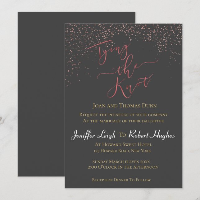 Calligraphy Rose Gold Tying the Knot Foil Wedding Invitation (Front/Back)