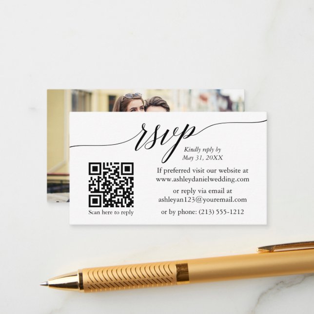 Calligraphy RSVP Wedding Minimalist QR Photo Enclosure Card (Front/Back In Situ)