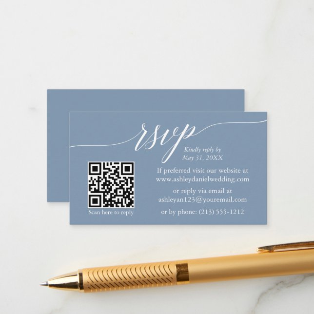 Calligraphy RSVP Wedding QR Dusty Blue Enclosure Card (Front/Back In Situ)