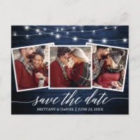 Calligraphy Rustic Blue Wood Lights Save The Date