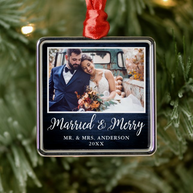 Calligraphy Rustic Blue Wood Married and Merry Metal Tree Decoration (Tree)