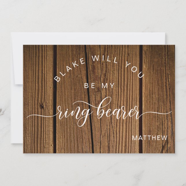 Calligraphy Rustic Wood, Be My Ring Bearer Card (Front)