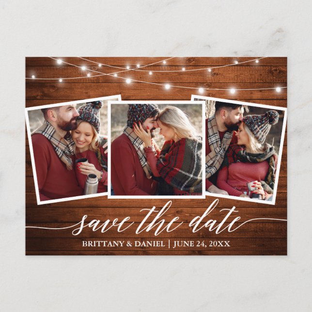 Calligraphy Rustic Wood Lights Save The Date Postcard (Front)