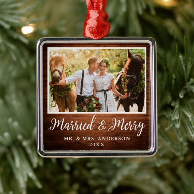 Calligraphy Rustic Wood Married and Merry Metal Tree Decoration (Tree)