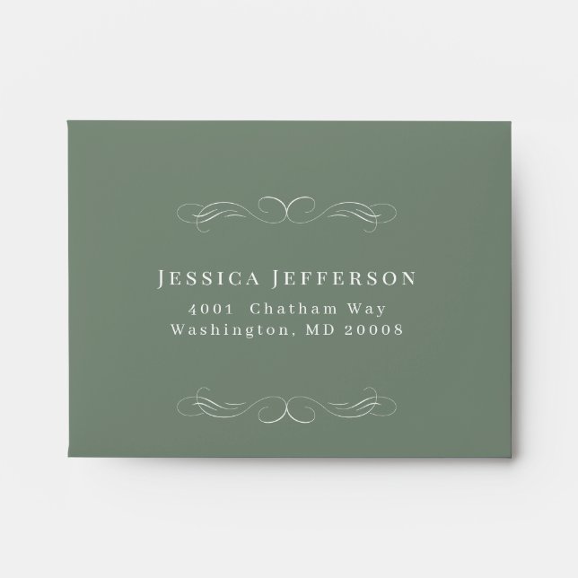 Calligraphy Sage Green Swirl Wedding RSVP Return Envelope (Front)