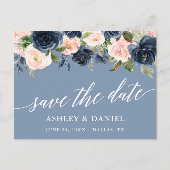 Calligraphy Save The Date Dusty Blue Pink Postcard (Front)