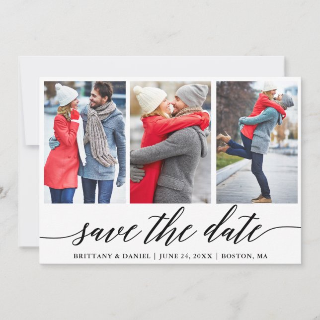 Calligraphy Save The Date Engagement 3 Photo Card (Front)