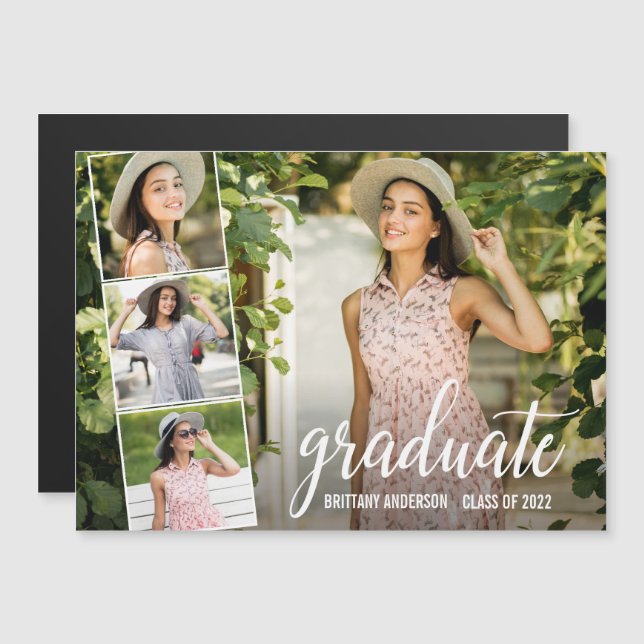 Calligraphy Script 4 Photo Graduation Magnet Card (Front/Back)