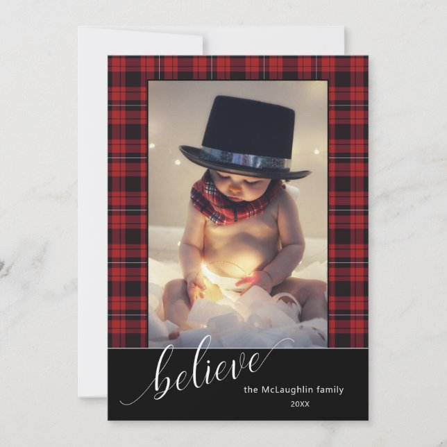 Calligraphy Script Believe Christmas Tartan Photo Holiday Card (Front)