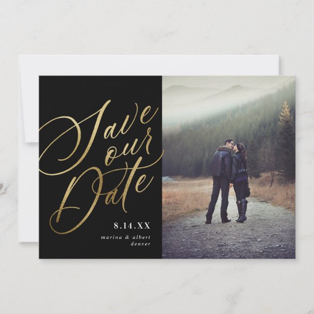 Calligraphy Script | Black Gold | Photo Save The Date (Front)