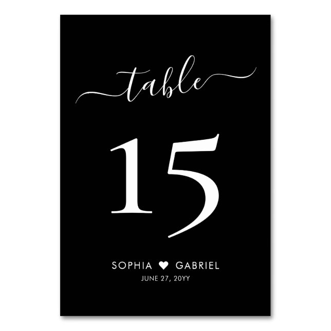 Calligraphy Script Black Wedding Double Sided Table Number (Front)