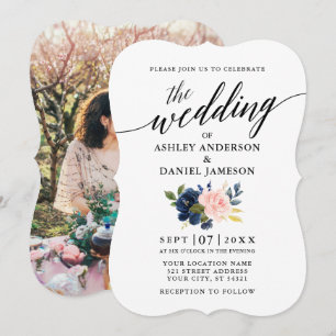 Calligraphy Script Blue Pink Floral Photo Wedding Invitation