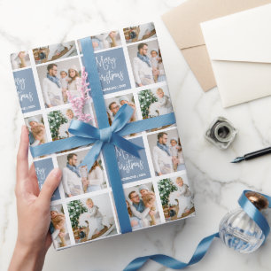Calligraphy Script Christmas 3 Photo Dusty Blue Wrapping Paper