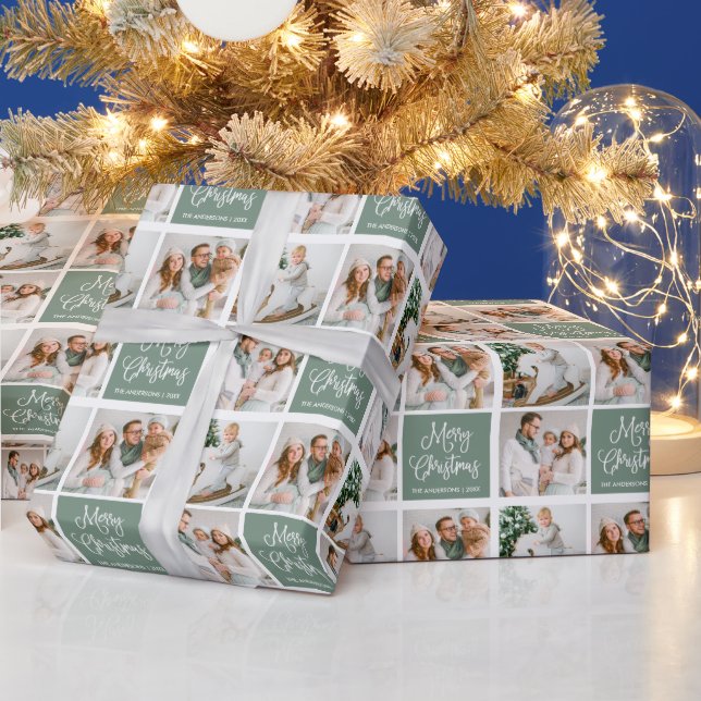 Calligraphy Script Christmas 3 Photo Sage Green Wrapping Paper (Holidays)
