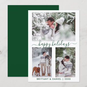 Calligraphy Script Couple 3 Photo Green Holiday Card