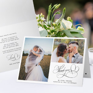 Calligraphy script elegant 2 photo wedding thank you card