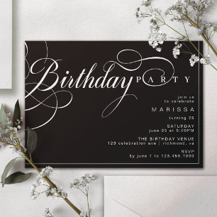 Calligraphy Script   Elegant Moody Black Birthday Invitation