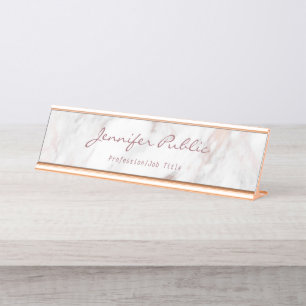 Calligraphy Script Elegant Rose Gold Marble Modern Desk Name Plate