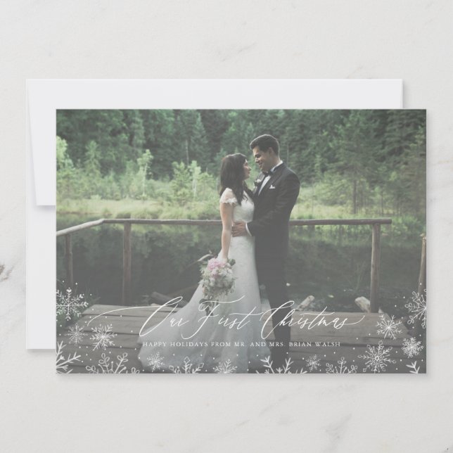 Calligraphy Script First Christmas Newlywed Holiday Card (Front)