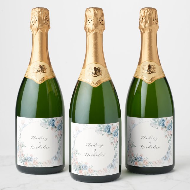 Calligraphy Script Floral Wedding Sparkling Wine Label (Bottles)
