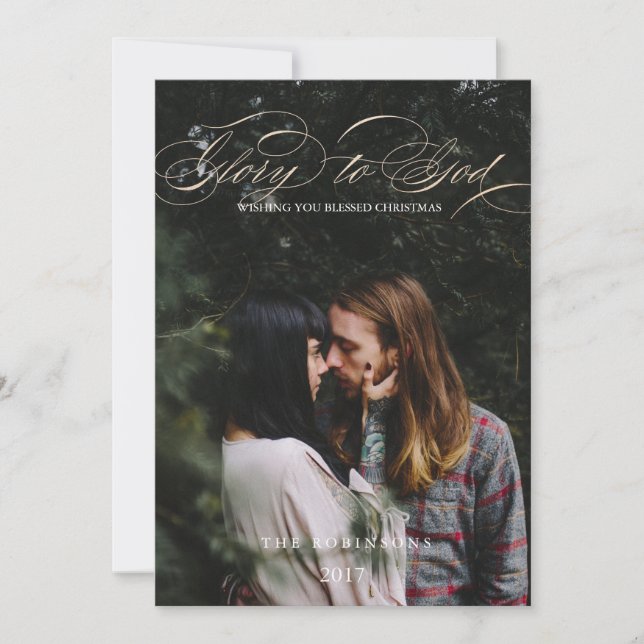 Calligraphy Script Glory to God Christmas Photo Holiday Card (Front)