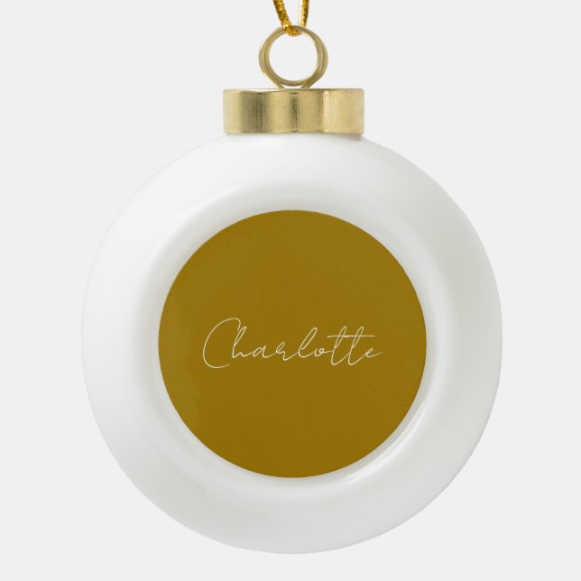 Calligraphy Script Gold Colour Custom Name Edit Ceramic Ball Christmas Ornament (Front)