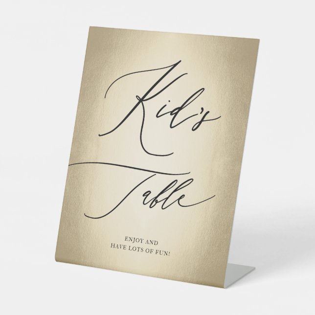 Calligraphy Script Gold Kid's Table Wedding Pedestal Sign (Front)
