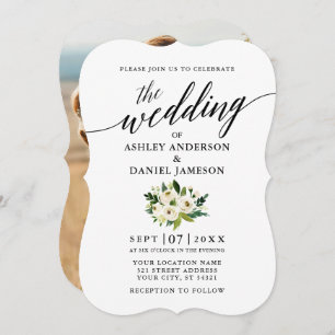 Calligraphy Script Green Floral Photo Wedding Invitation