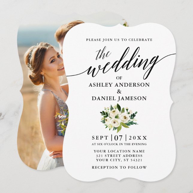 Calligraphy Script Green Floral Photo Wedding Invitation (Front/Back)