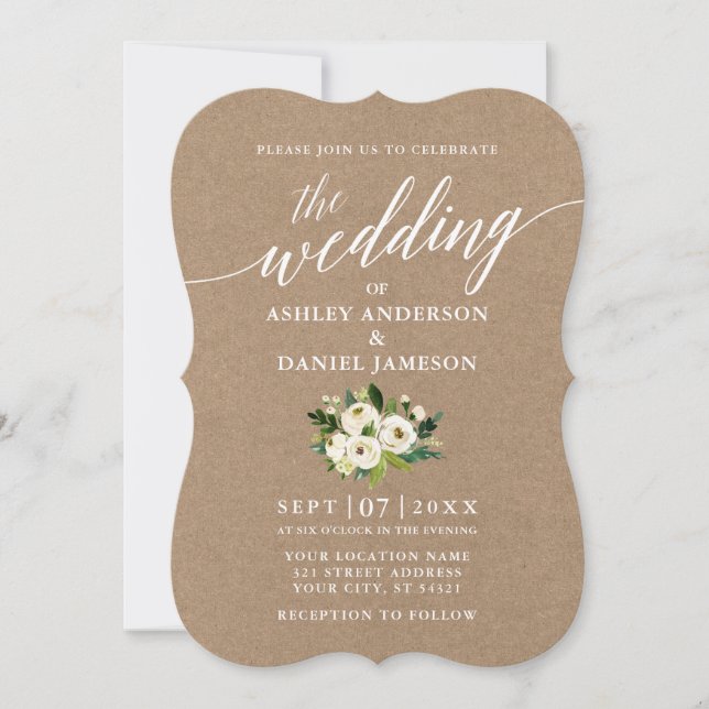 Calligraphy Script Green Floral Wedding Kraft Invitation (Front)
