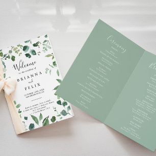 Calligraphy Script Green Foliage Folded Wedding Programme