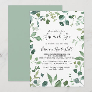 Calligraphy Script Green Foliage Sip and See Invitation