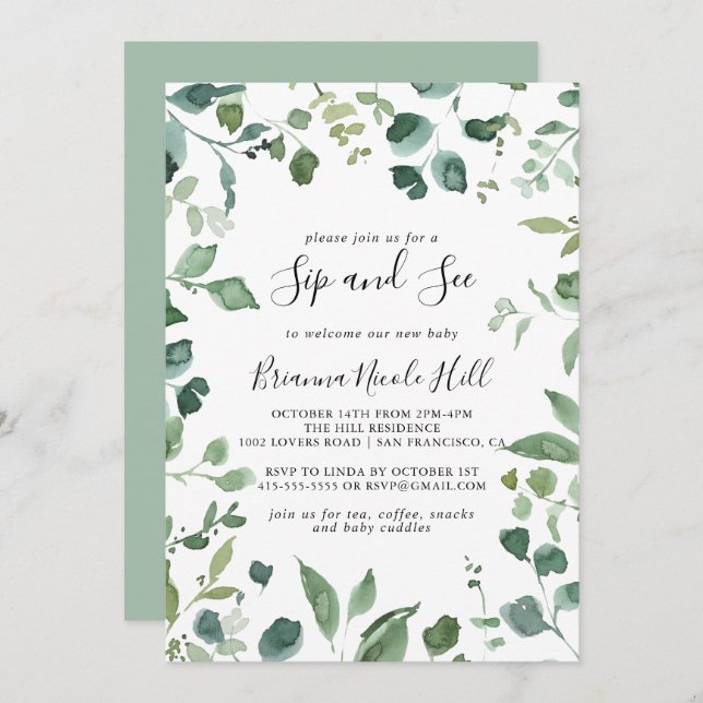 Calligraphy Script Green Foliage Sip and See  Invitation (Front/Back)